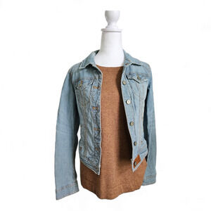 Pilcro Anthropologie XS Denim Jacket Womens Blue White Railroad Pin Stripes EUC